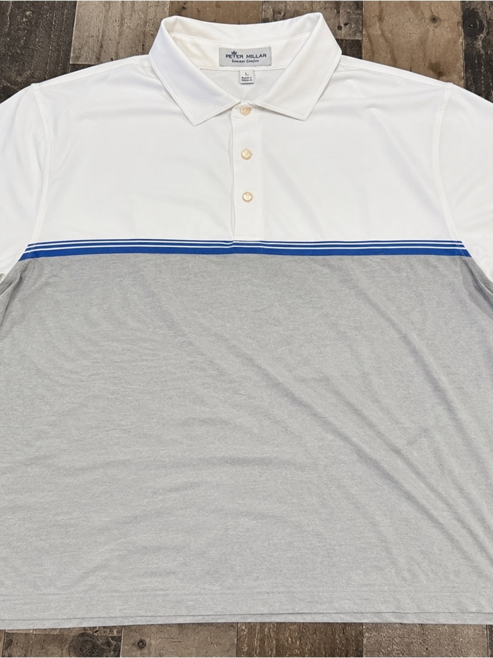 Peter Millar White, Light Gray & Blue Striped Men’s Polo